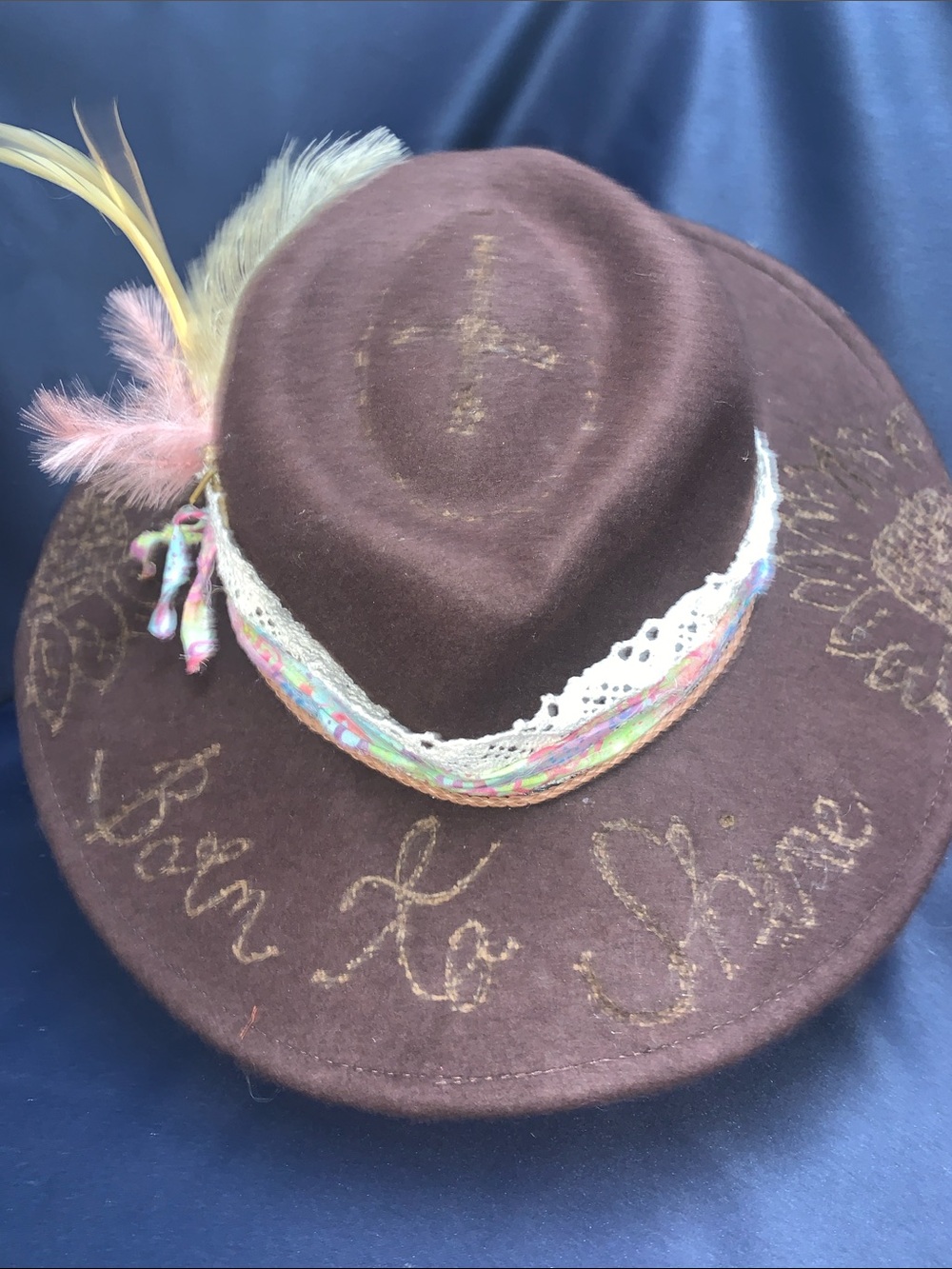 Embellished Brown Felt Fedora with Feathers